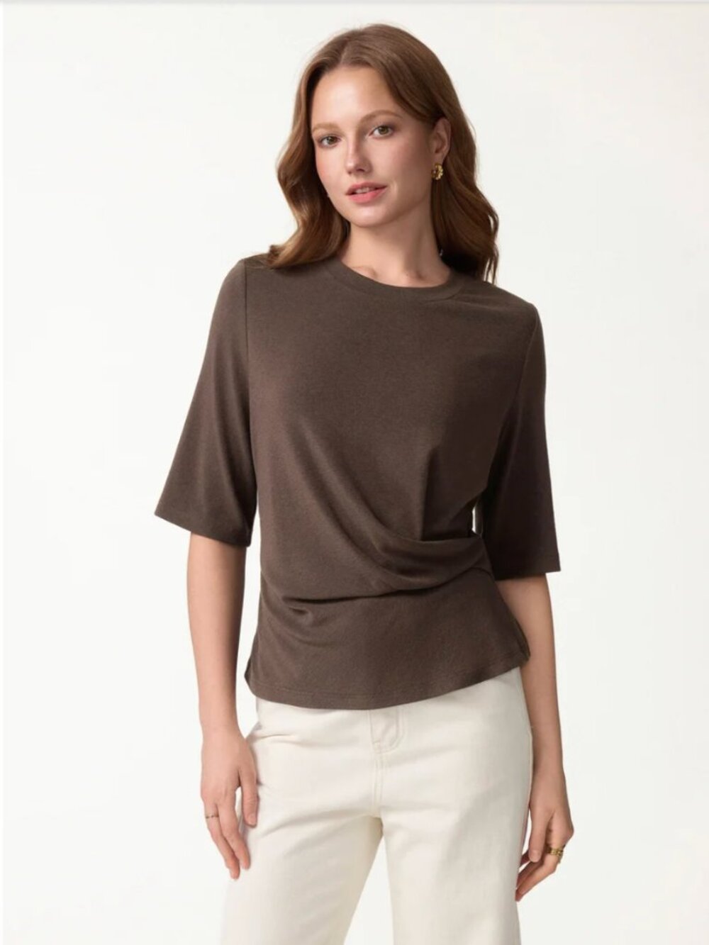OGL Eco-Mousse® Round Neck Elbow Sleeve Side-Tuck Top Size L Brown